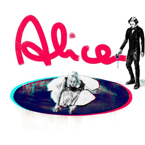 Eine stilisierte Darstellung von Alice im Wunderland mit einem roten Schriftzug „Alice“.