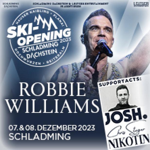 Ein Werbeplakat für das Ski-Opening 2023 in Schladming mit Robbie Williams als Hauptact.