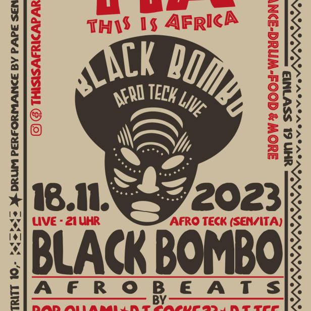 Flyer für eine „This Is Africa“-Party (TIA) mit Black Bombo am 18. November 2023 im Spielboden.