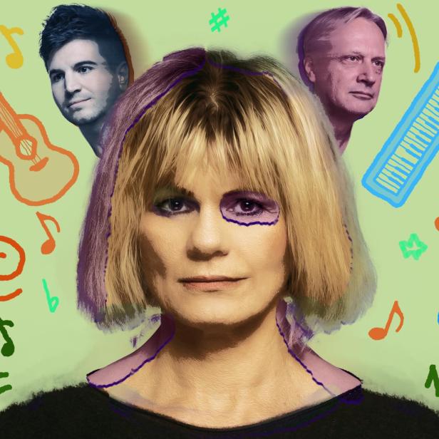 Eine stilisierte Darstellung einer Frau mit Musikern und Noten im Hintergrund.
