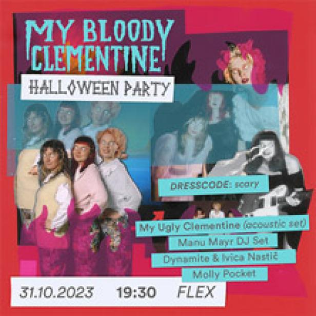 Ein Halloween-Party-Poster mit dem Schriftzug „My Bloody Clementine“ und Informationen zu Künstlern und Datum.