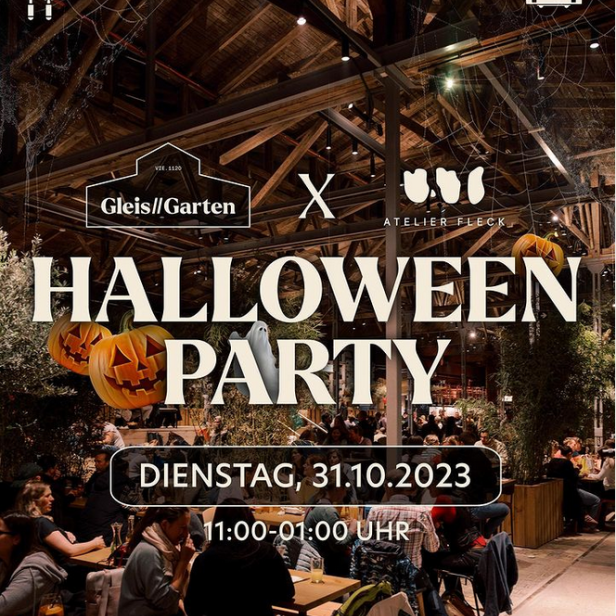 Einladungsplakat für eine Halloween-Party im Gleis//Garten am 31.10.2023.