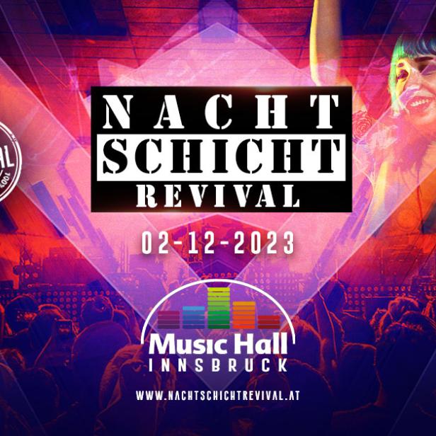 Werbeplakat für „Nachtschicht Revival“ am 02.12.2023 in der Music Hall Innsbruck.