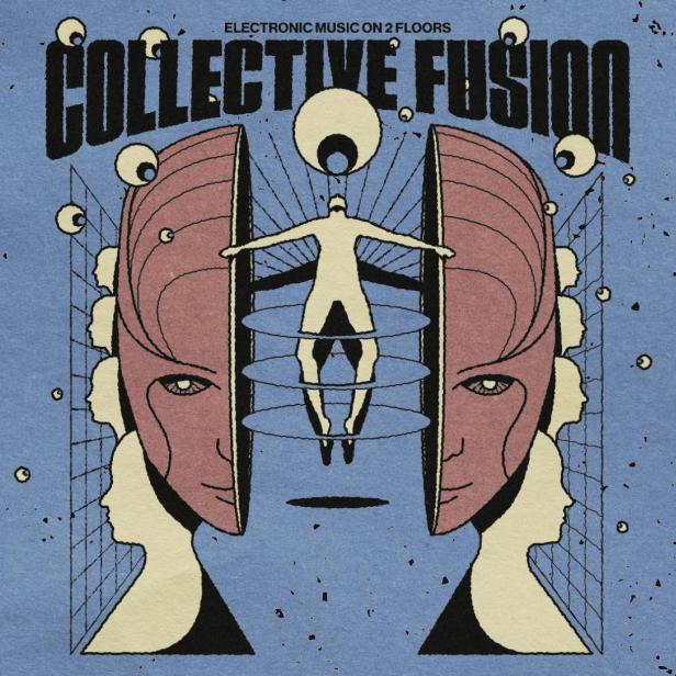 Ein psychedelisches Bild mit dem Schriftzug „Collective Fusion“ und einer schwebenden Figur zwischen zwei Gesichtshälften.