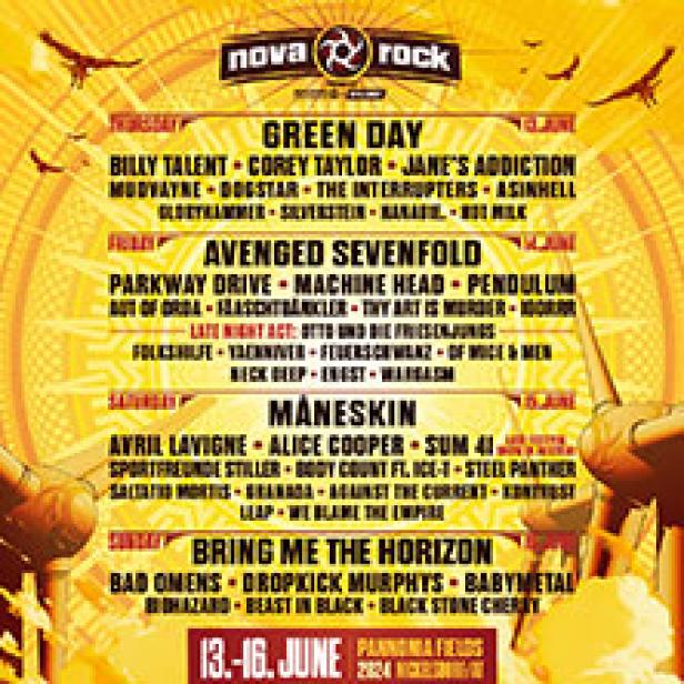 Ein Festivalplakat für Nova Rock mit den Headlinern Green Day, Avenged Sevenfold, Måneskin und Bring Me The Horizon.
