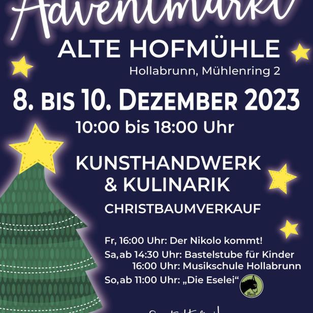 Werbeplakat für den Adventmarkt Alte Hofmühle in Hollabrunn vom 8. bis 10. Dezember 2023.