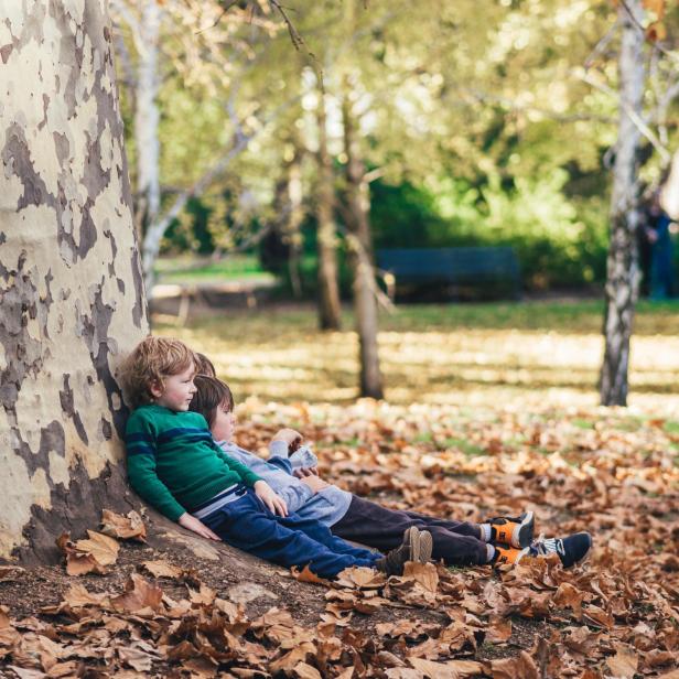 Kinder lehnen an einem Baum.