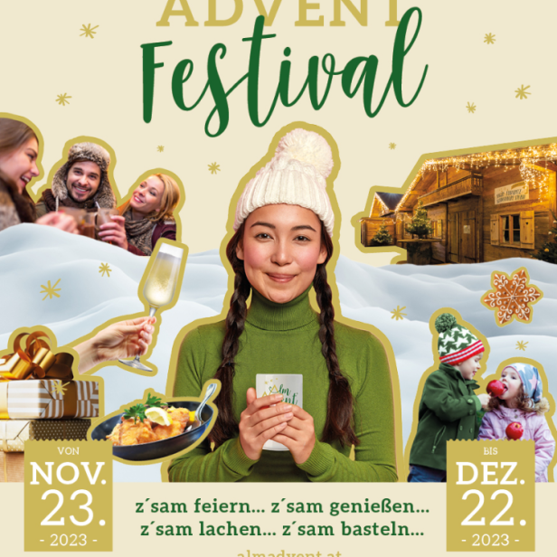 Werbung für das Wiener Alm Advent Festival vom 23. November bis 22. Dezember 2023.