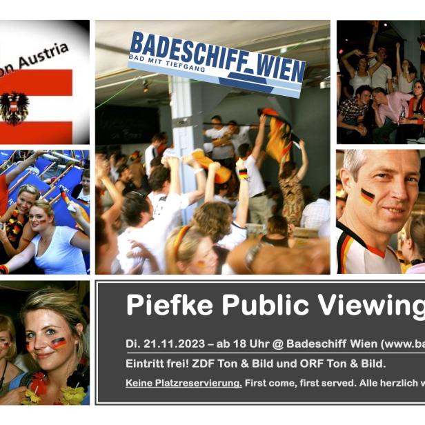 Collage von Fotos, die ein Public Viewing-Event „Piefke Connection Austria“ im Badeschiff Wien zeigen.