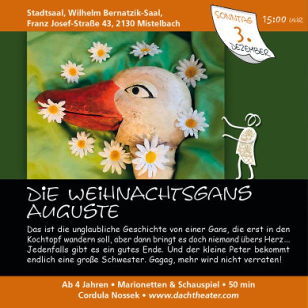 Werbeplakat für das Marionetten- und Schauspiel „Die Weihnachtsgans Auguste“.