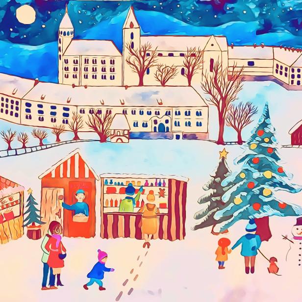 Ein belebter Weihnachtsmarkt vor einer verschneiten Stadtkulisse mit Kirche und Mond.
