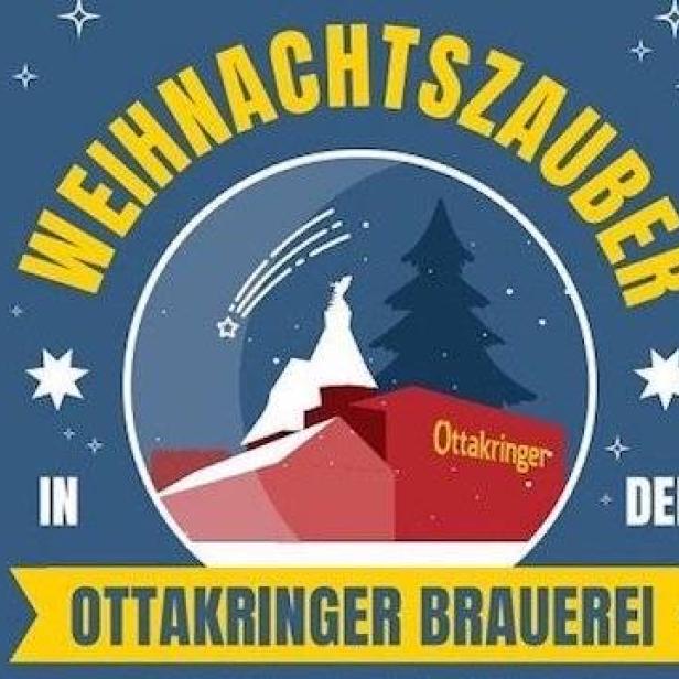 Ein Logo für den „Weihnachtszauber in der Ottakringer Brauerei“ mit einer Schneekugel.
