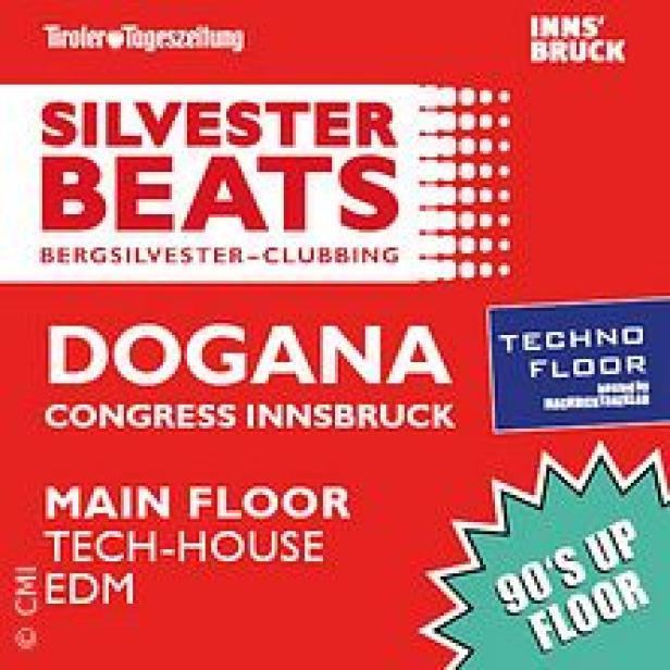 Ein rotes Werbeplakat für „Silvester Beats“ im Congress Innsbruck.