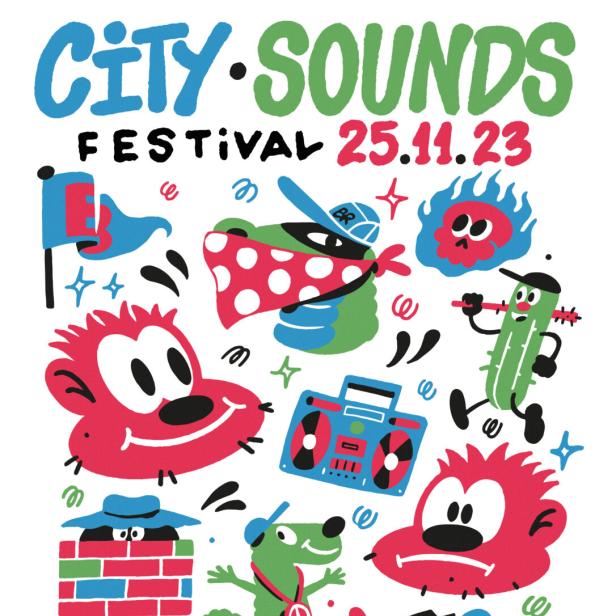 Ein farbenfrohes, cartoonartiges Plakat für das „City Sounds Festival“ am 25.11.23 mit verschiedenen Comicfiguren.