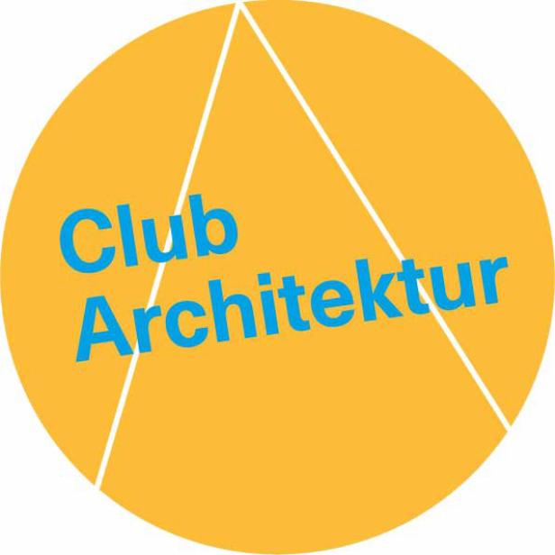 Das Logo des „Club Architektur“ zeigt einen gelben Kreis mit einem weißen Dreieck und blauem Text.