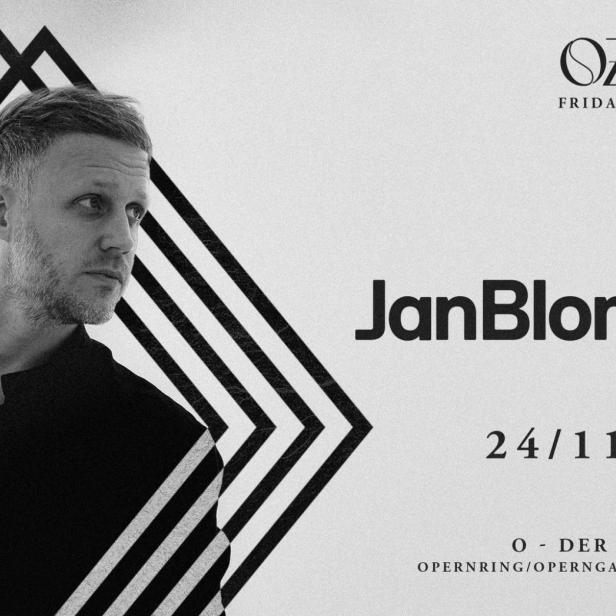 Ein Schwarz-Weiß-Porträt des Musikers Jan Blomqvist vor einem grafischen Hintergrund.