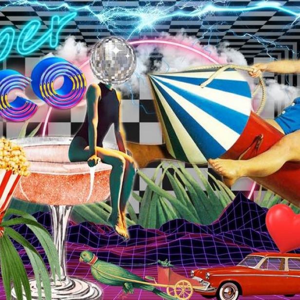 Eine Collage mit Disco-Elementen, darunter eine Frau auf einer Rakete, eine Discokugel und Popcorn.