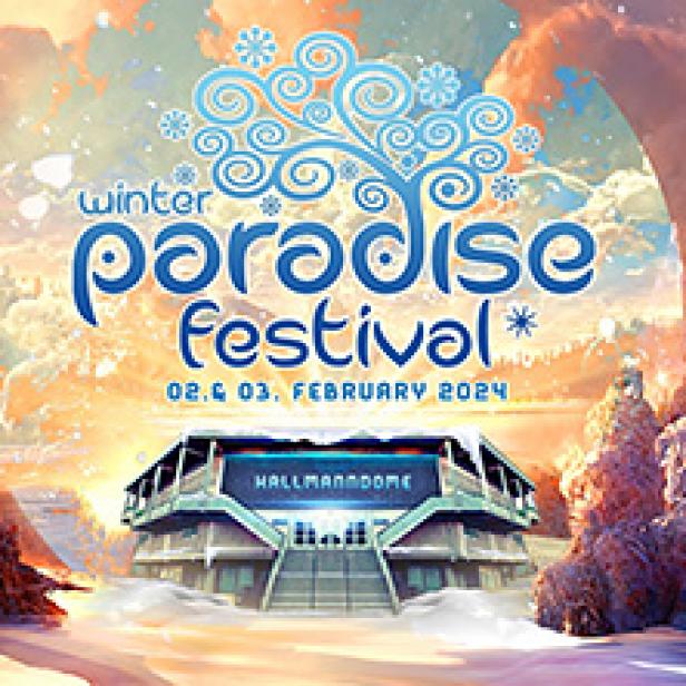 Ein Werbeplakat für das „Winter Paradise Festival“ am 2. und 3. Februar 2024 vor dem Hallmann Dome.