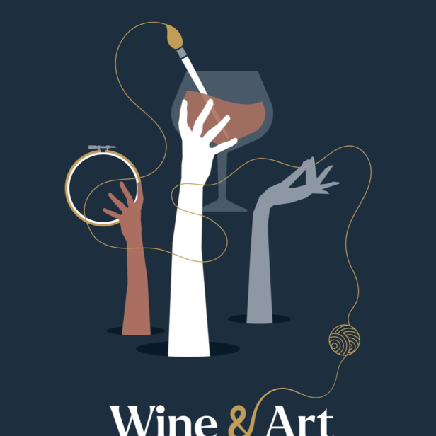 Illustration für einen „Wine & Art“-Workshop mit Händen, die einen Pinsel, einen Stickrahmen und ein Weinglas halten.