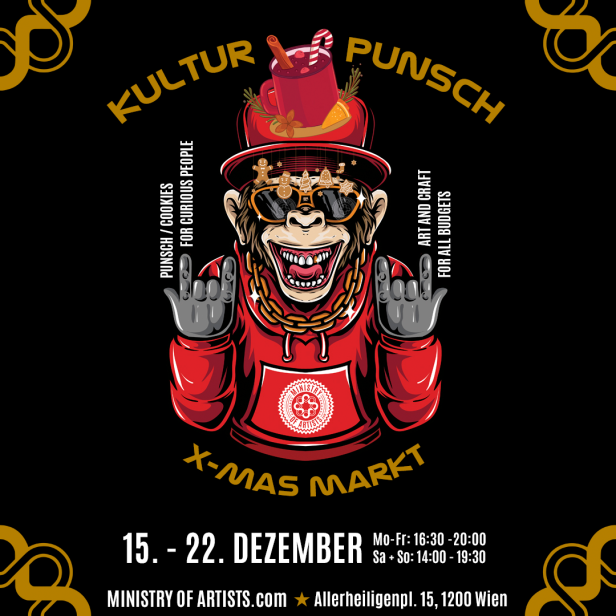Ein Cartoon-Affe mit Sonnenbrille und Punsch auf dem Kopf wirbt für einen Weihnachtsmarkt.