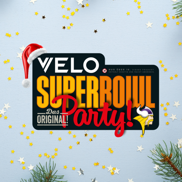 Ein festliches Velo Super Bowl Party-Motiv mit Weihnachtsmütze und Sternenkonfetti.