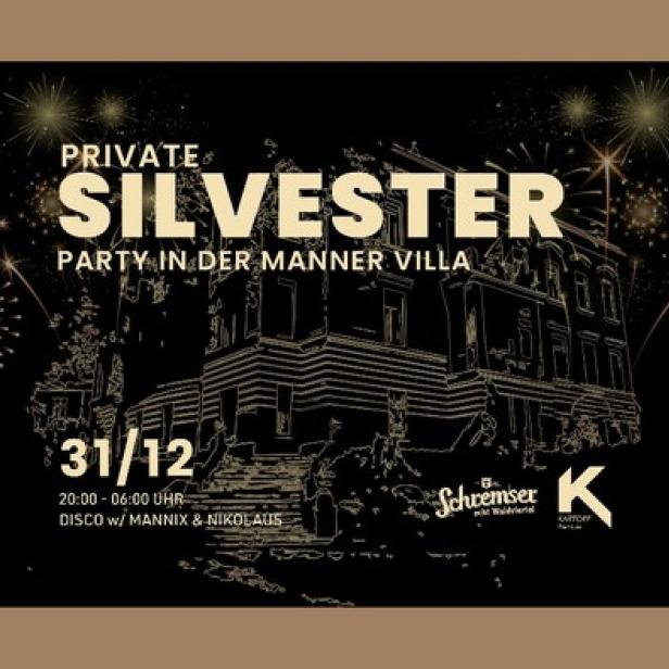 Eine Ankündigung für eine private Silvesterparty in der Manner Villa mit Feuerwerk.