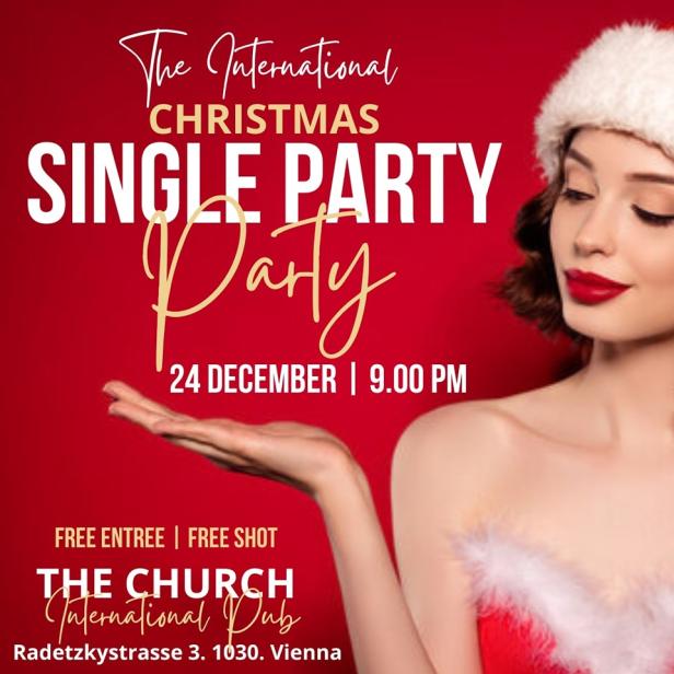 Eine Frau mit Weihnachtsmütze wirbt für eine Single-Party am 24. Dezember im „The Church International Pub“ in Wien.