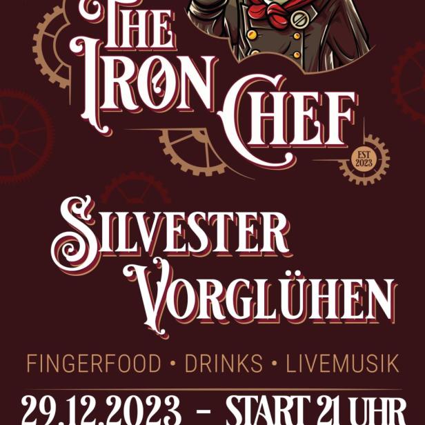 Ein Steampunk-Koch mit rotem Hut und Brille wirbt für „Silvester Vorglühen“ am 29.12.2023.
