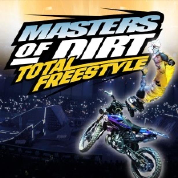Cover des Videospiels „Masters of Dirt: Total Freestyle“ mit einem Motocross-Fahrer in der Luft.