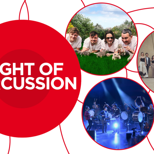Collage-artiges Werbebild für „Night of Percussion“ mit verschiedenen Künstlergruppen.