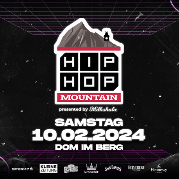 Werbeplakat für „Hip Hop Mountain“ am Samstag, den 10.02.2024 im Dom im Berg.