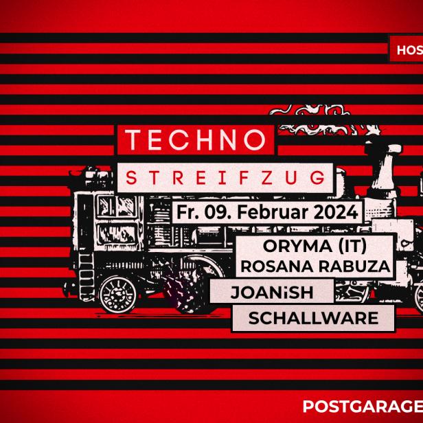 Veranstaltungsplakat für „Techno Streifzug“ am 9. Februar 2024 in der Postgarage, Graz.