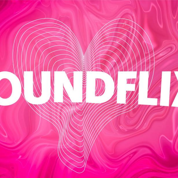 Das Logo von Soundflix vor einem pinkfarbenen Hintergrund mit Herzlinien.