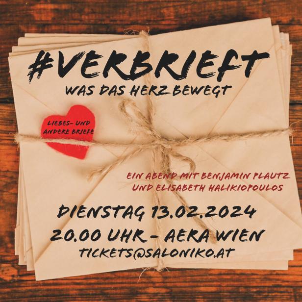 Ein Stapel Briefe, umwickelt mit einer Schnur, bewirbt einen Abend mit Benjamin Plautz und Elisabeth Halikiopoulos am 13.02.2024 in Wien.