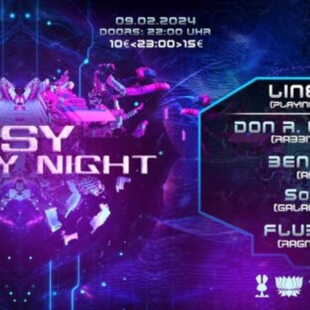 Ein Flyer für die „Psy Family Night“ am 9. Februar 2024 mit Don R. Wetter und anderen DJs.