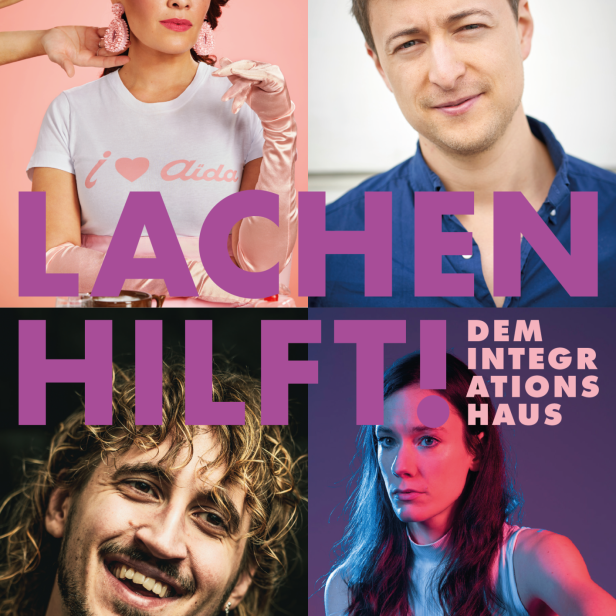 Collage mit vier Porträts und dem Slogan „Lachen hilft! Dem Integrationshaus“.