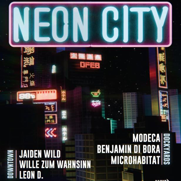 Ein Veranstaltungsplakat für „Neon City“ mit japanisch inspirierten Neonlichtern und den Namen der DJs.