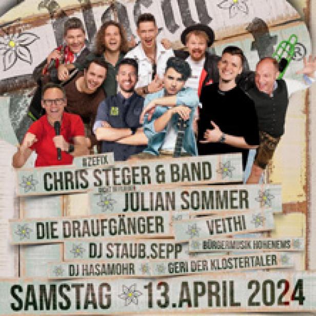 Ein Werbeplakat für ein Musikfestival mit mehreren Bands und Musikern, darunter Chris Steger & Band und Die Draufgänger.