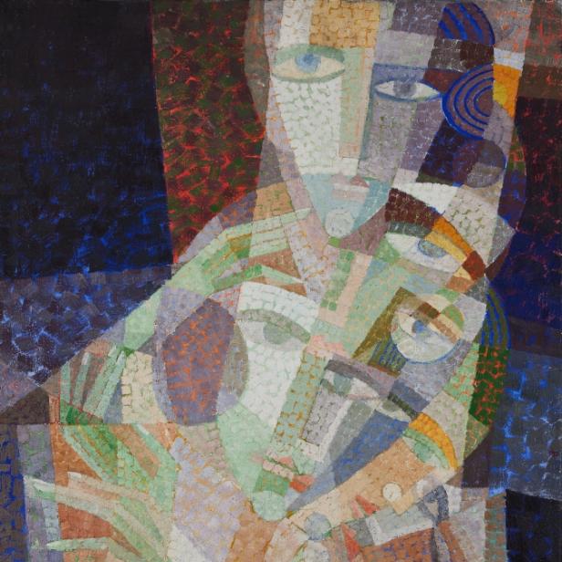 Ein abstraktes Gemälde von zwei Figuren in hellen, mosaikartigen Farben.