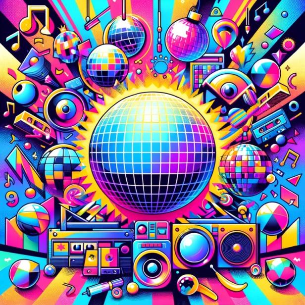 Eine lebhafte Illustration mit Discokugeln, Kassettenrekordern und Musiknoten in Neonfarben.