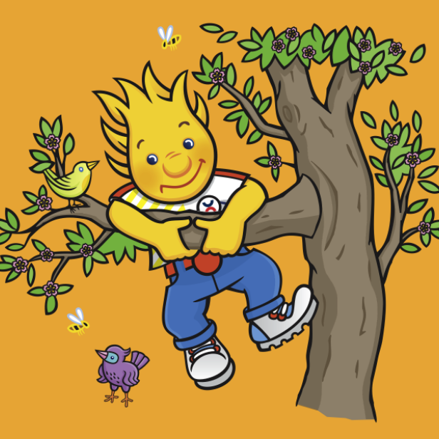 Ein gelber Cartoon-Junge sitzt in einem Baum, umgeben von Vögeln und Bienen.