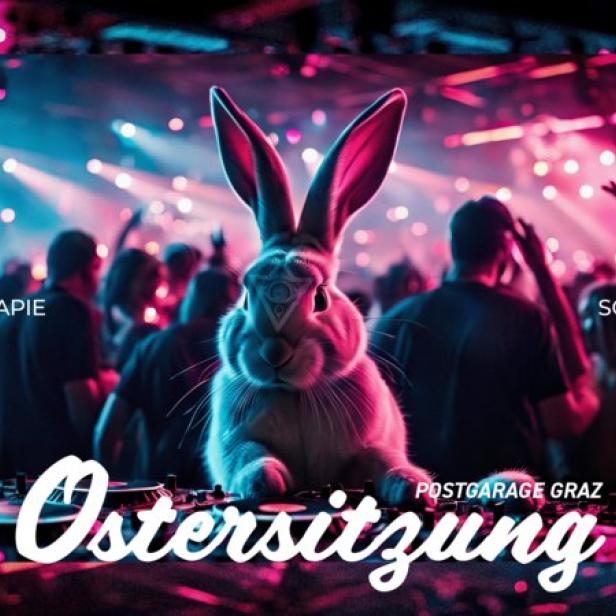 Ein weißer Hase mit einem Symbol auf der Stirn steht vor einer tanzenden Menschenmenge bei der „Ostersitzung“.