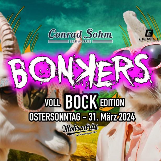 Ein Bock und ein Hase mit Sonnenbrillen werben für die „Voll Bock Edition“ am Ostersonntag, 31. März 2024 im Conrad Sohm Bar & Club.