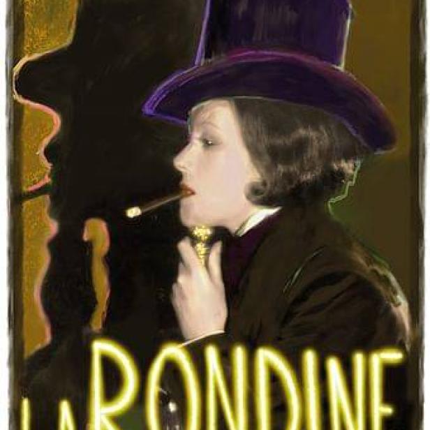 Eine Frau mit Zylinder raucht eine Zigarre vor dem Schriftzug „La Rondine“.