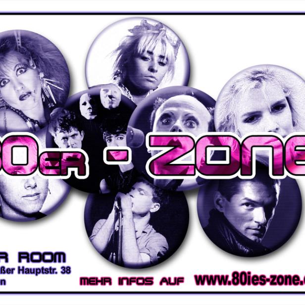 Ein Flyer für die „80er Zone“ im Viper Room, Wien, mit Porträts von 80er-Jahre-Ikonen.