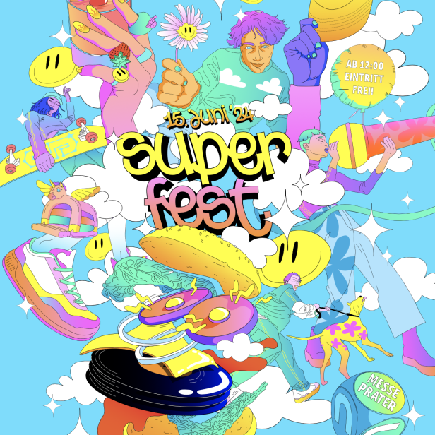 Ein farbenfrohes, illustratives Werbeplakat für das „Superfest“ am 15. Juni 2024.