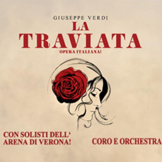 Das Cover der Oper „La Traviata“ von Giuseppe Verdi mit einer roten Rose.