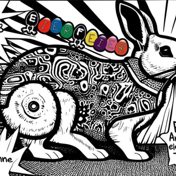 Ein gezeichneter Hase mit Mustern und der Aufschrift „Eierfeier“.