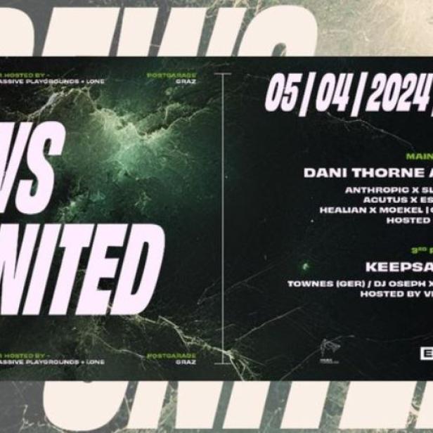 Ein Veranstaltungsplakat für „Crews United“ am 05.04.2024 in der Postgarage Graz mit Dani Thorne und Keepsakes.