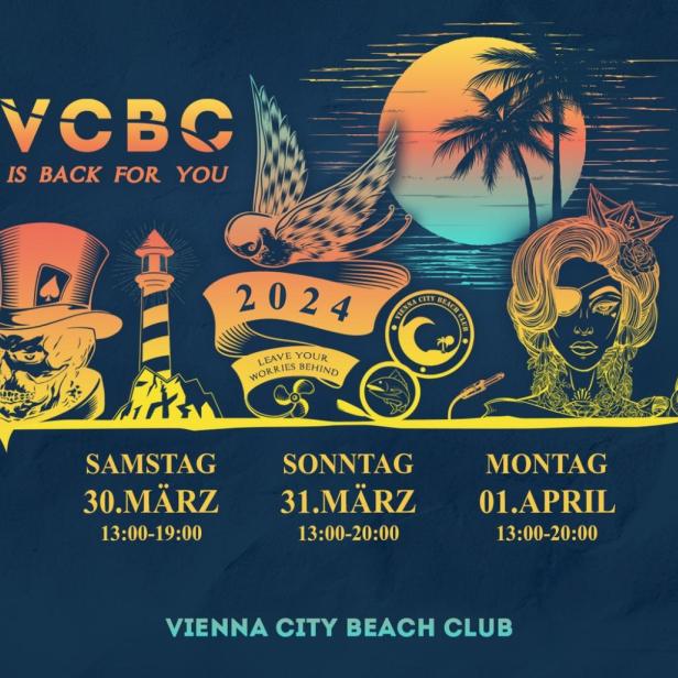Werbeplakat für den Vienna City Beach Club im Jahr 2024 mit verschiedenen Illustrationen.